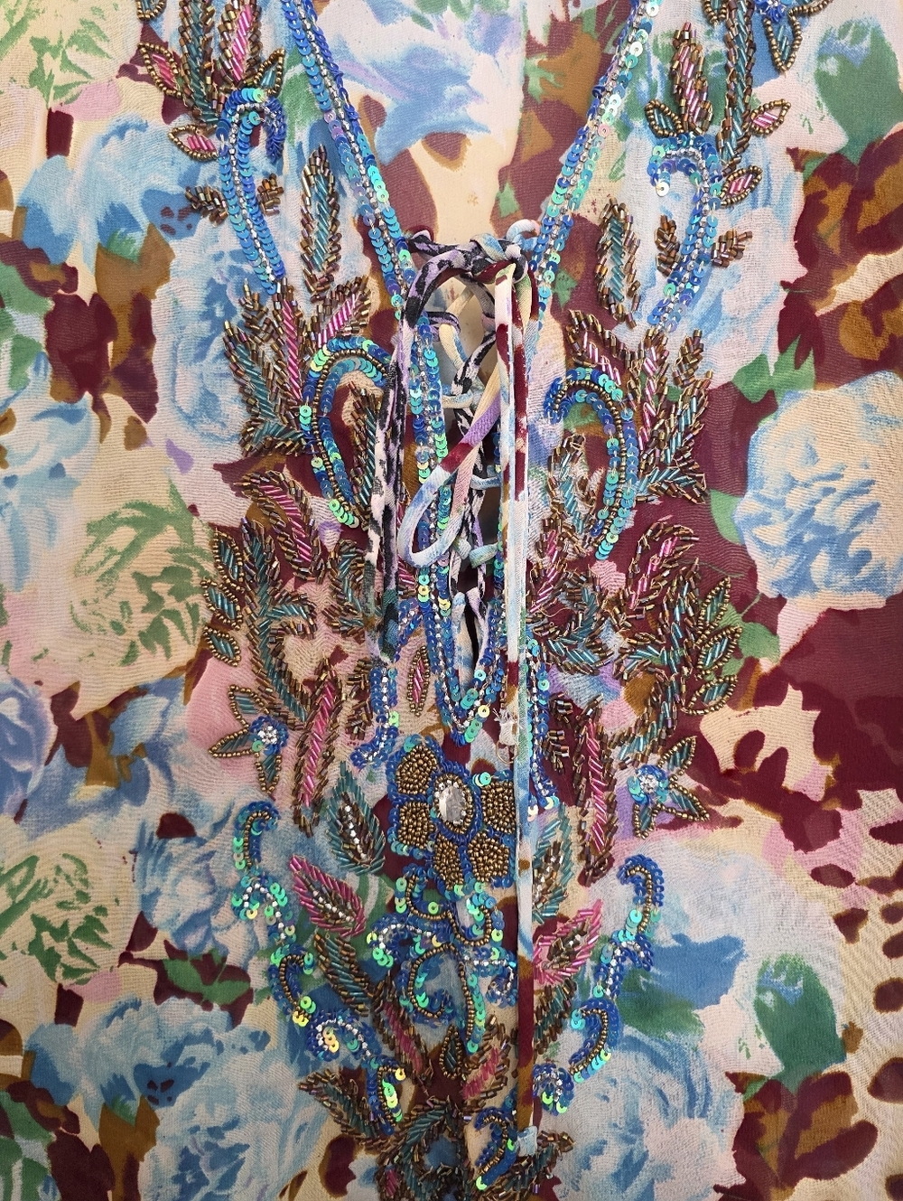 Lucky & Coco Floral Leopard Print Beaded Swim Batwing Kimono Sz M - Picture 5 of 8